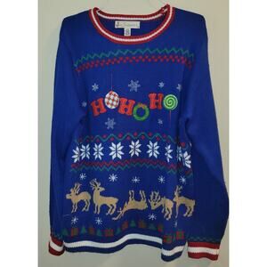 Ugly Christmas Sweaters Large Navy Blue Ho Ho Ho Snowflake Reindeer Jolly Brand